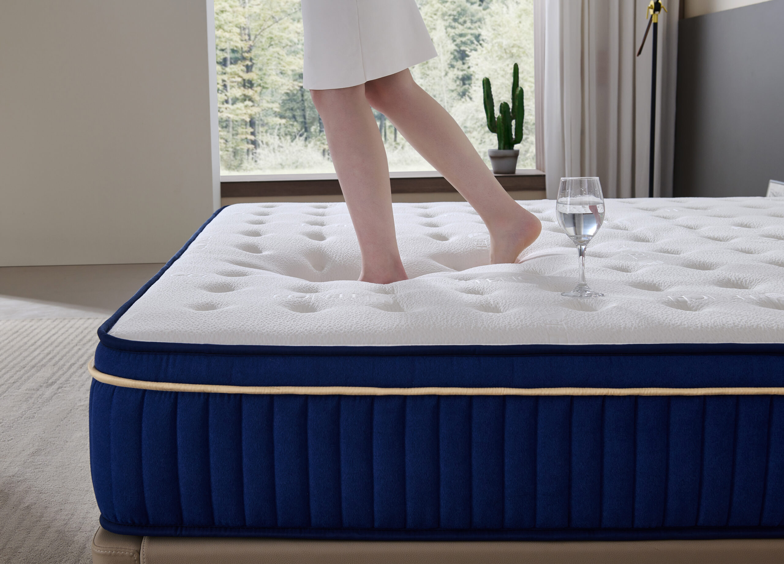 Luxury commercial mattress in modern hotel bedroom